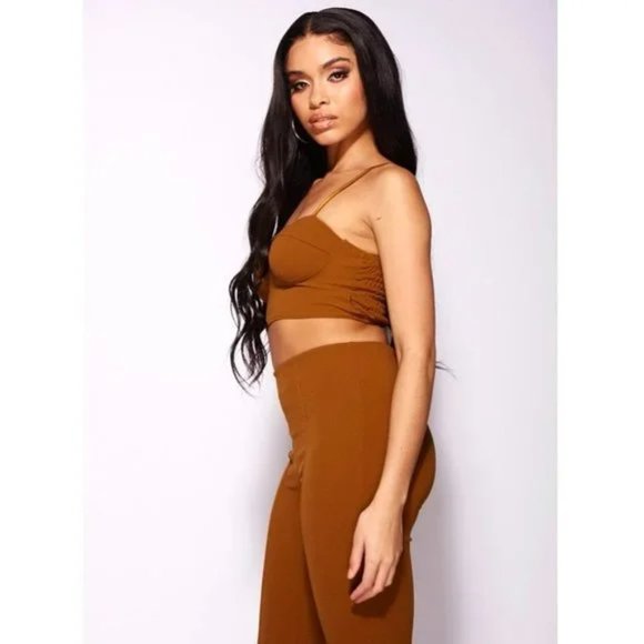 Brown Sleeveless Crop Top and High Waist Flare Pants Two Piece Set - Picture 3 of 12